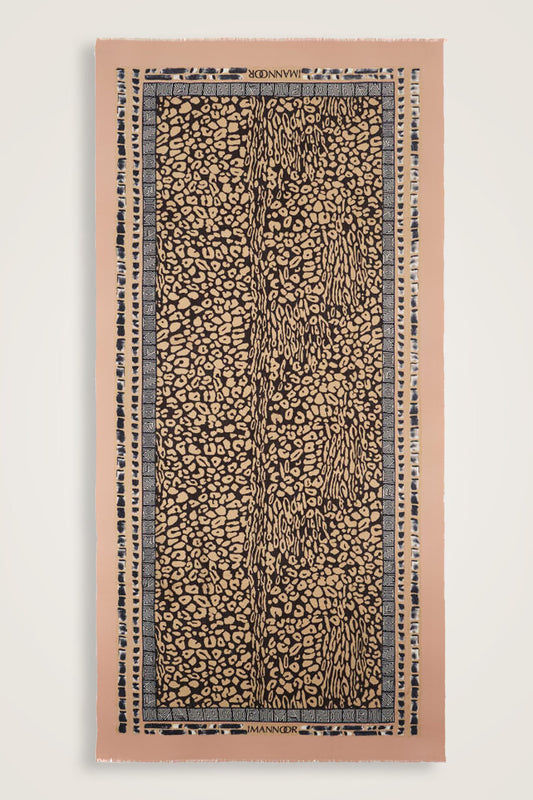 Bordür Leopar Somon Yün İpek Şal 100x200