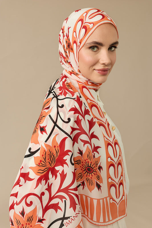 Garp Çiçeği Turuncu Krep İpek Kaftan Şalı 70x210
