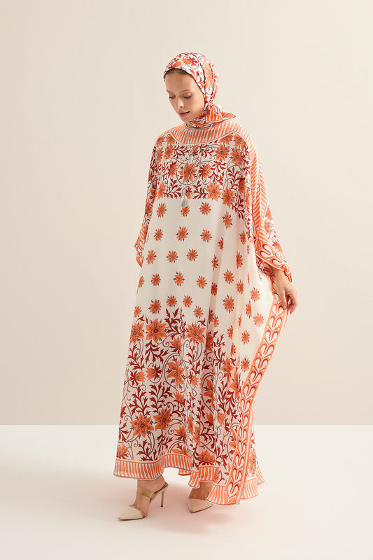 Garp Çiçeği Turuncu Krep İpek Kaftan