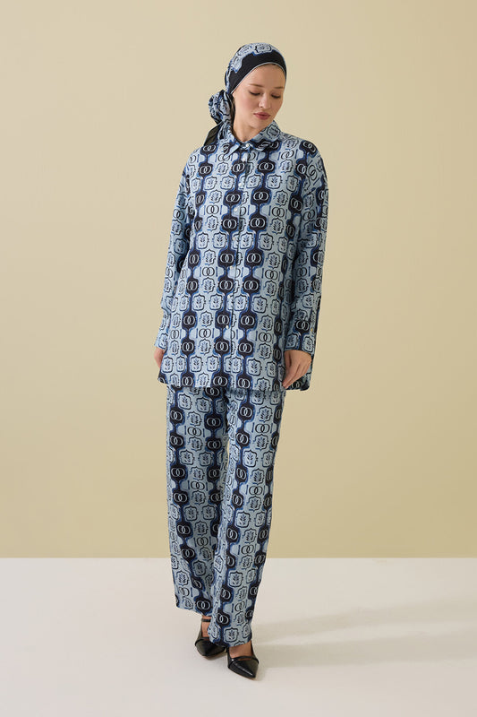 Girdap Mavi Tivil İpek Gömlek Pijama