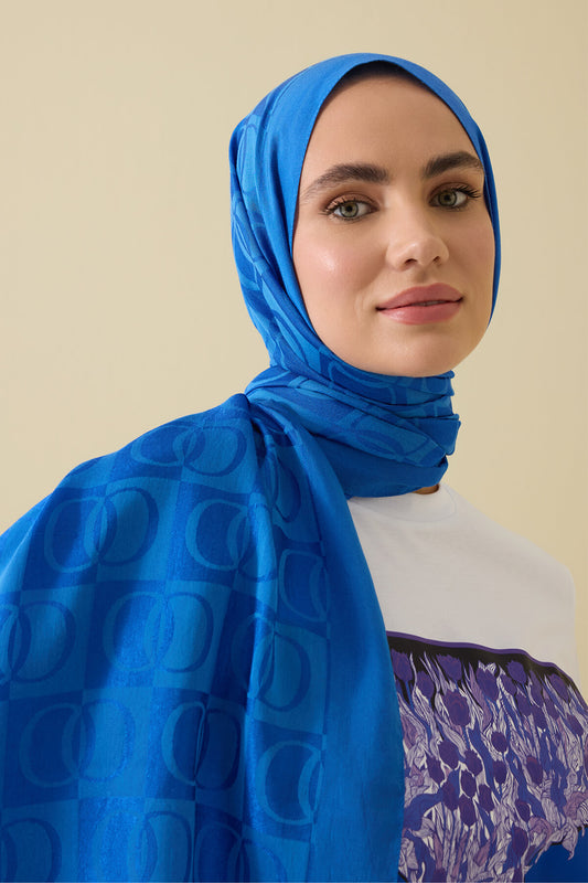 Dama Desen Mavi Naia Pamuk Şal 70x200