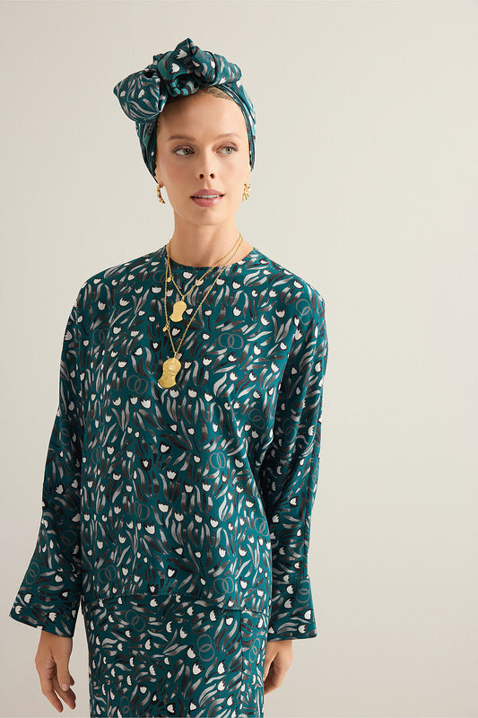 Lale Tarlası Petrol Krep İpek Kollu Bluz