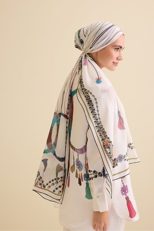 Püskül Noor Beyaz Krep İpek Pijama Şalı 70x210