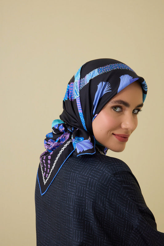 Püskül Noor Siyah-Fuşya Tivil İpek Eşarp 90x90