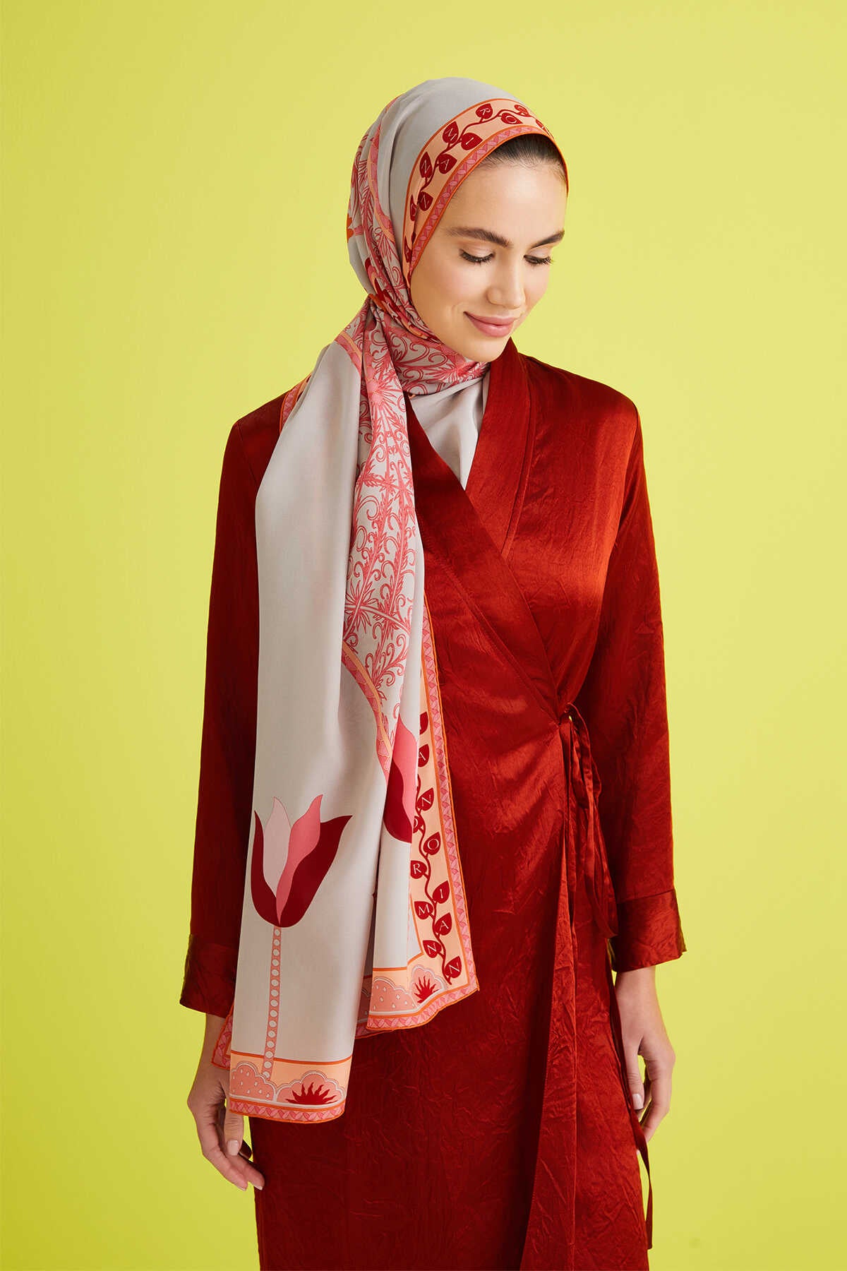 Anahtar Deliği Mercan Krep İpek Şal 80x210