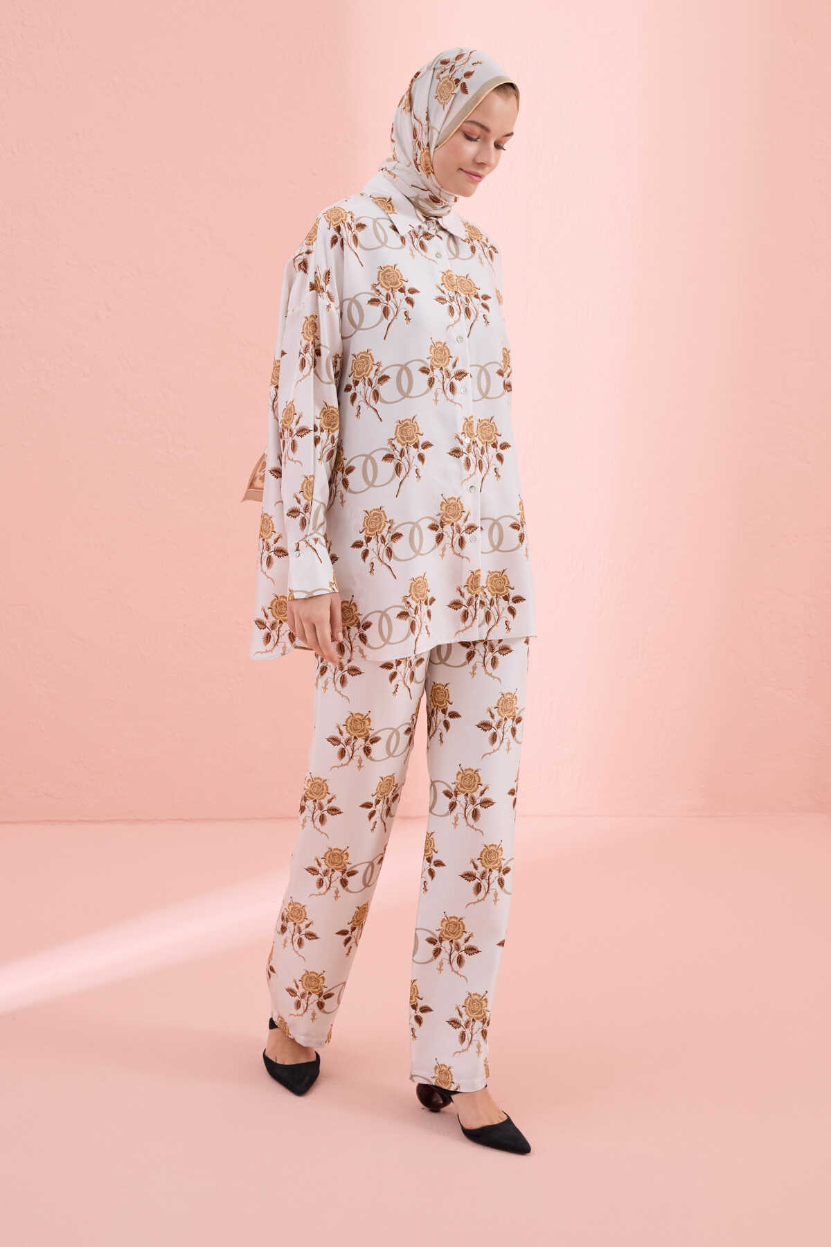 Aşk Bej Tivil İpek Pijama Gömlek