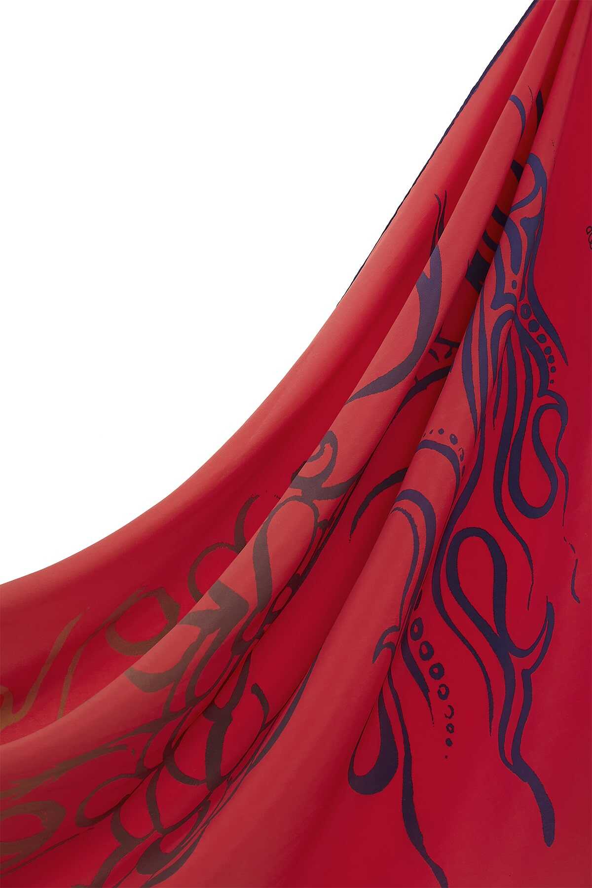 Balık ve Kuş Kırmızı İpek Şal 80x200