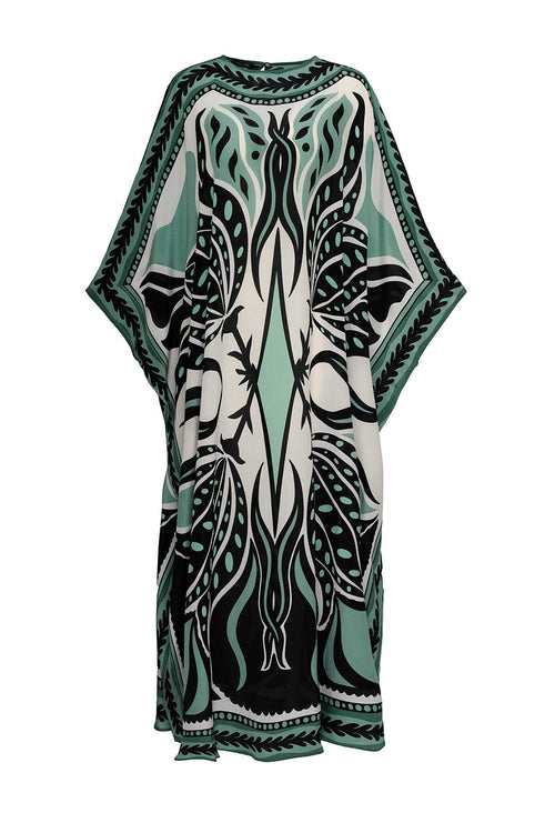 Benekli Lale Petrol İpek Kaftan
