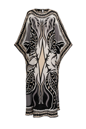 Benekli Lale Siyah İpek Kaftan
