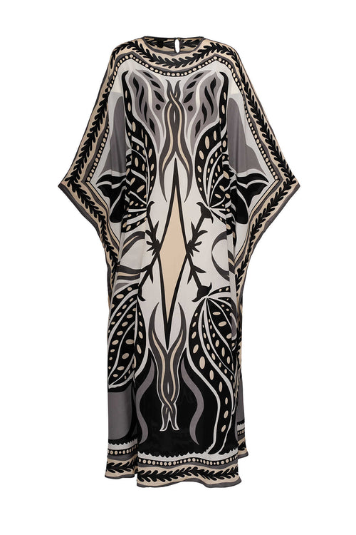 Benekli Lale Siyah İpek Kaftan