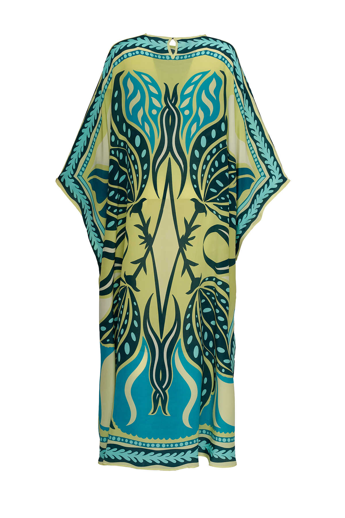 Benekli Lale Turkuaz İpek Kaftan