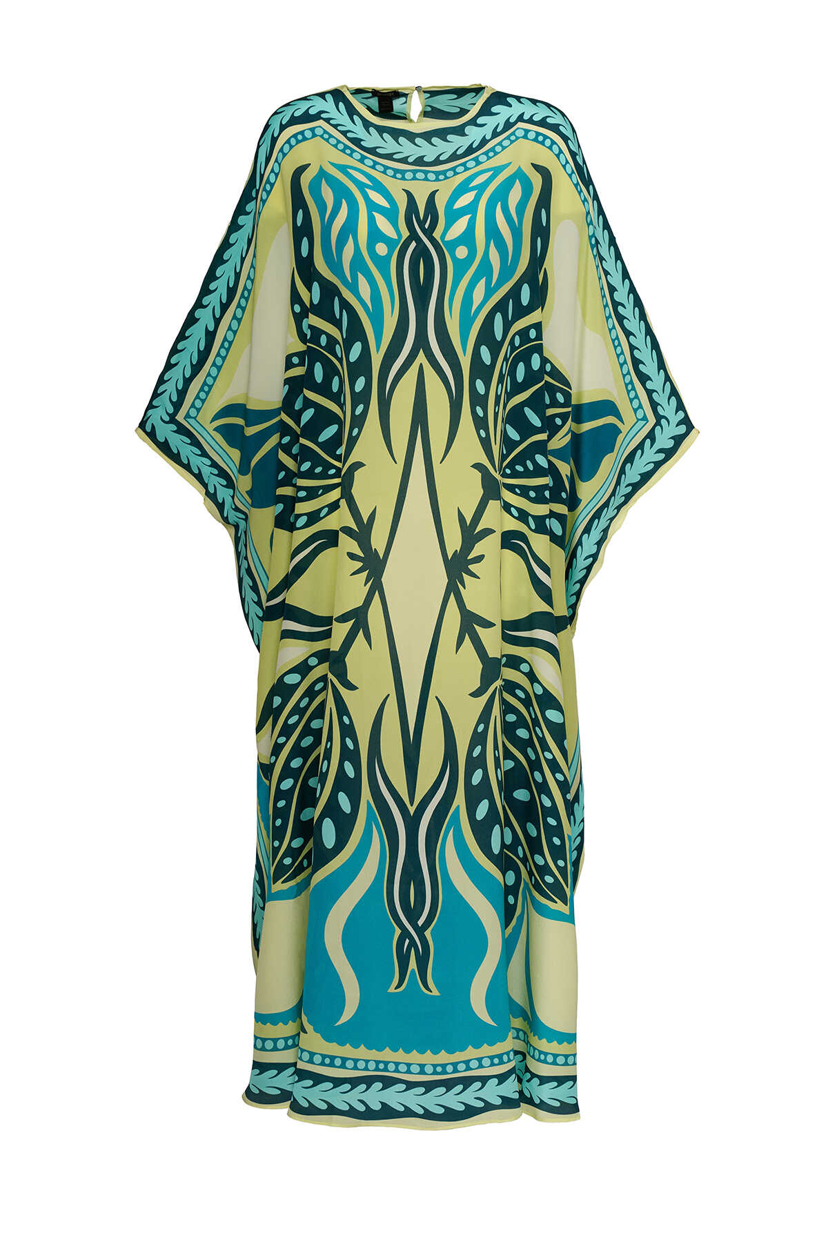Benekli Lale Turkuaz İpek Kaftan