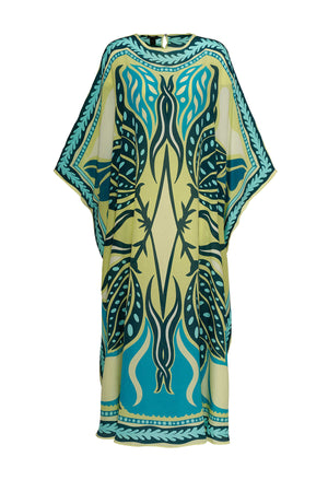 Benekli Lale Turkuaz İpek Kaftan