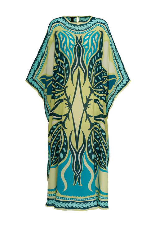 Benekli Lale Turkuaz İpek Kaftan