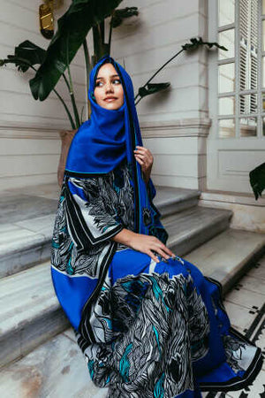 Boğazın Laleleri Mavi Uzun İpek Kaftan