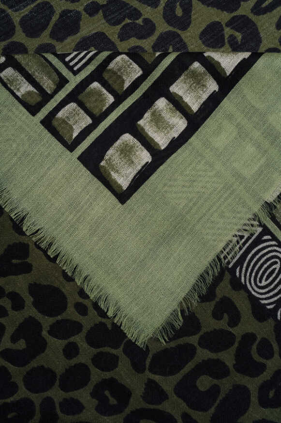 Bordür Leopar Haki Yün İpek Şal 100x200