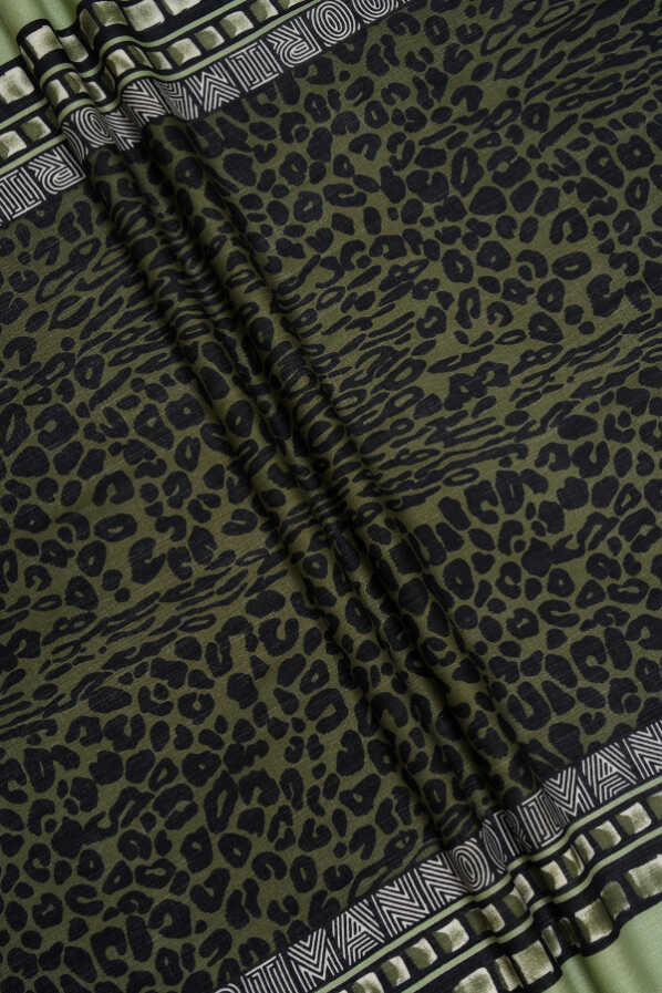 Bordür Leopar Haki Yün İpek Şal 100x200