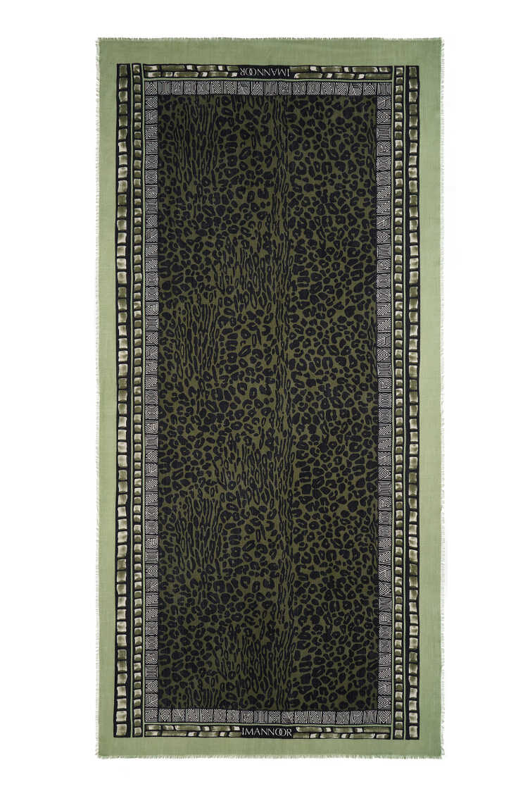 Bordür Leopar Haki Yün İpek Şal 100x200