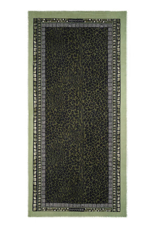 Bordür Leopar Haki Yün İpek Şal 100x200