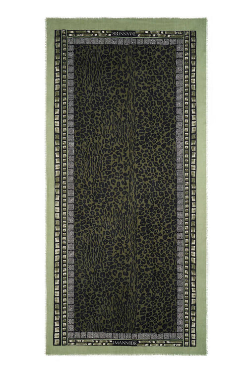 Bordür Leopar Haki Yün İpek Şal 100x200