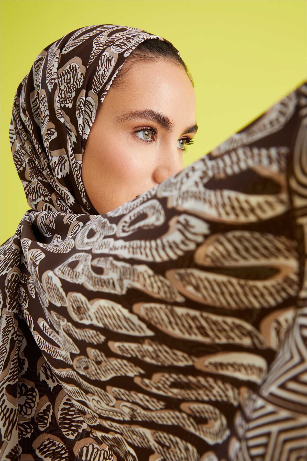 Bordür Leopar Kahverengi Krep İpek Şal 80x210