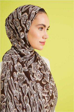 Bordür Leopar Kahverengi Krep İpek Şal 80x210