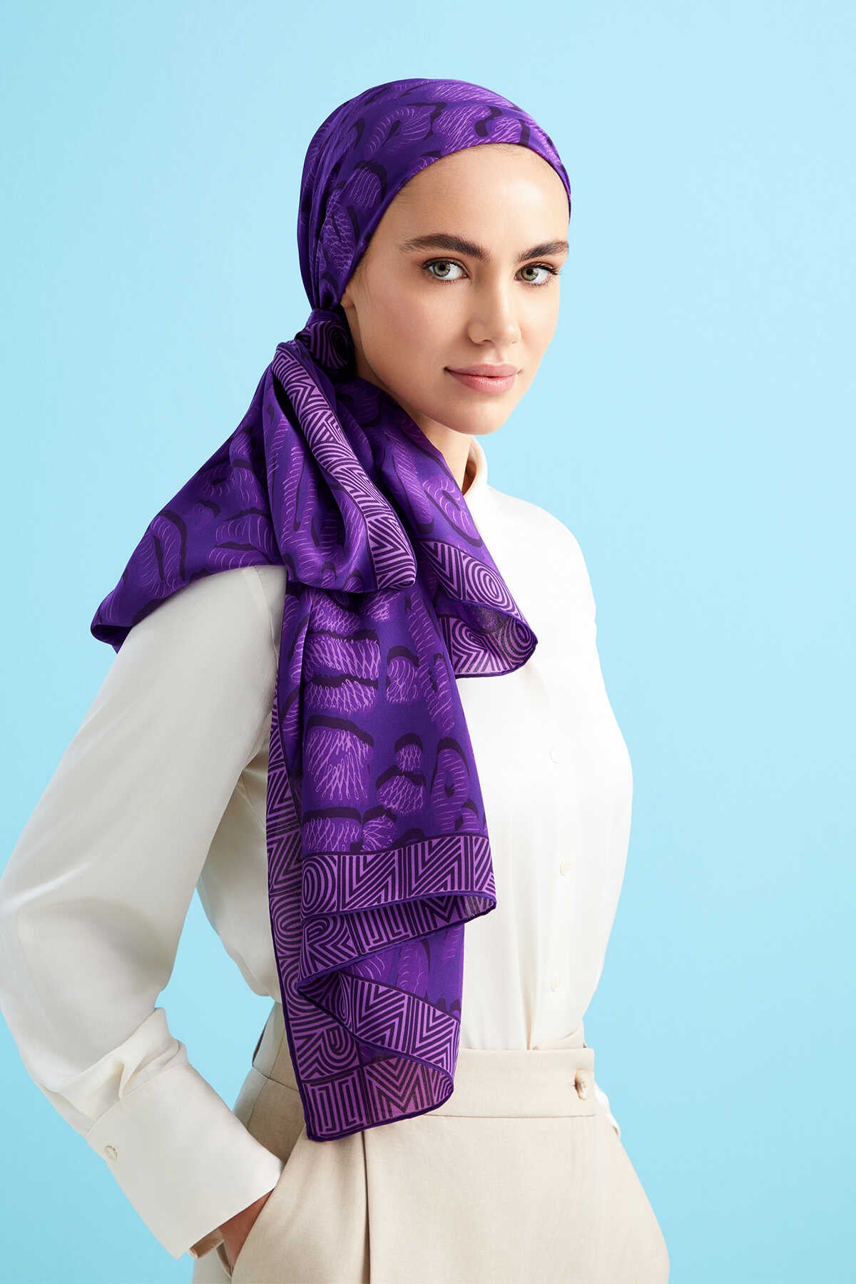 Bordür Leopar Mor Krep İpek Şal 80x210