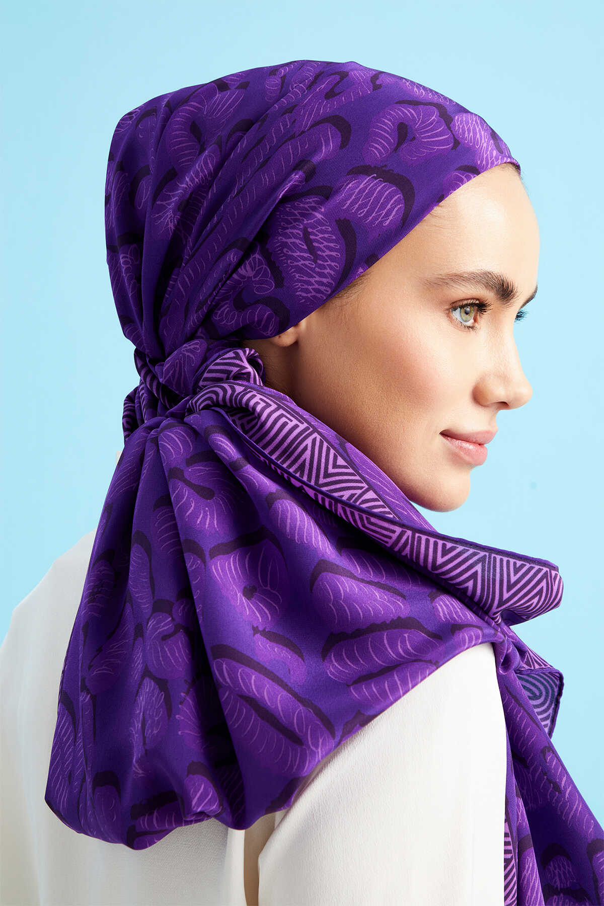 Bordür Leopar Mor Krep İpek Şal 80x210
