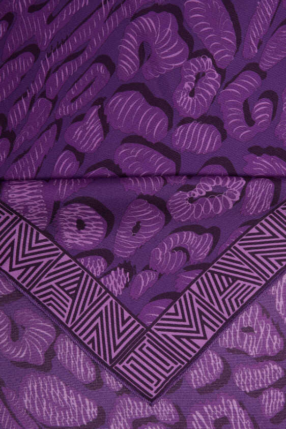 Bordür Leopar Mor Tivil İpek Eşarp 90x90