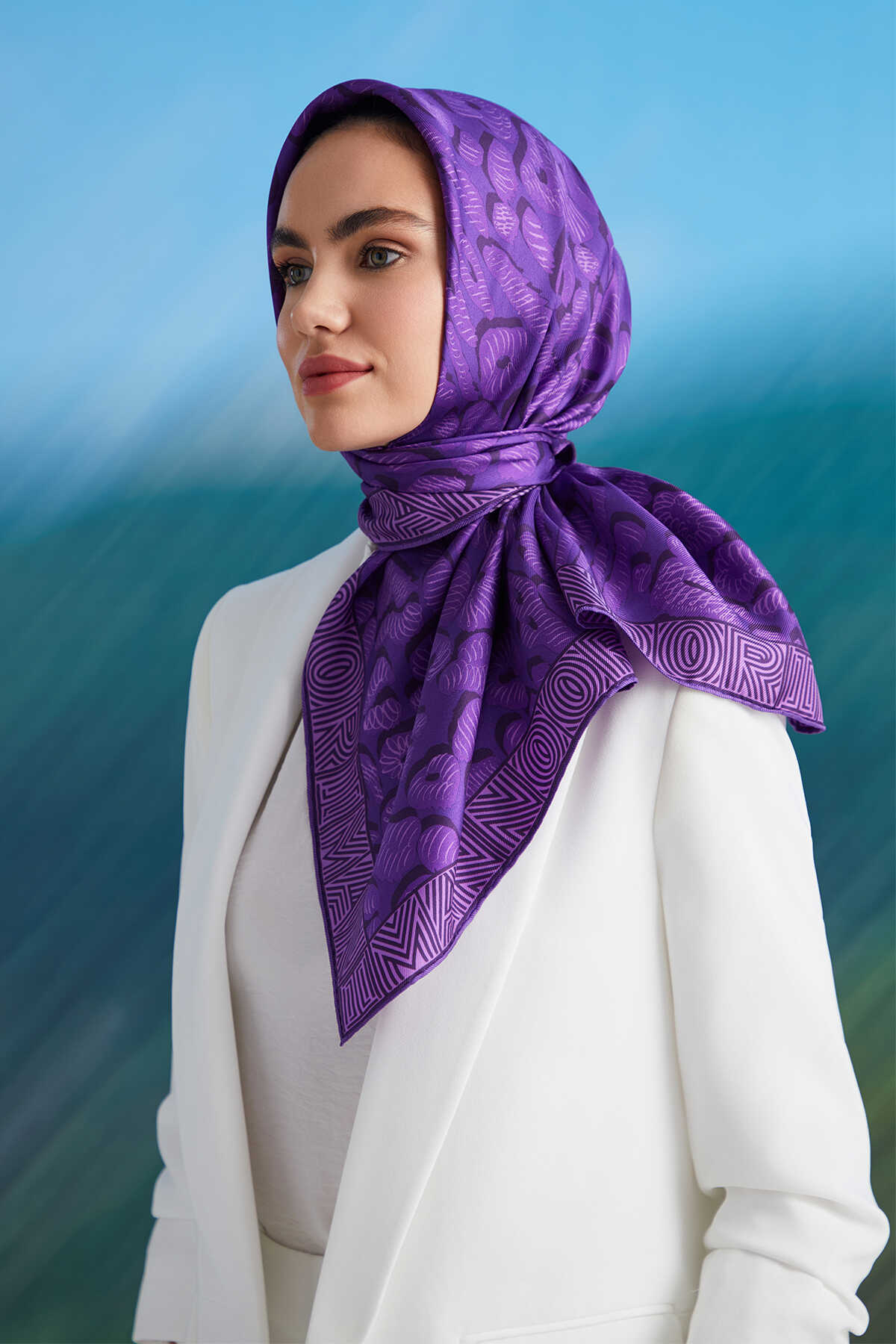Bordür Leopar Mor Tivil İpek Eşarp 90x90