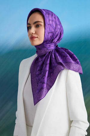 Bordür Leopar Mor Tivil İpek Eşarp 90x90