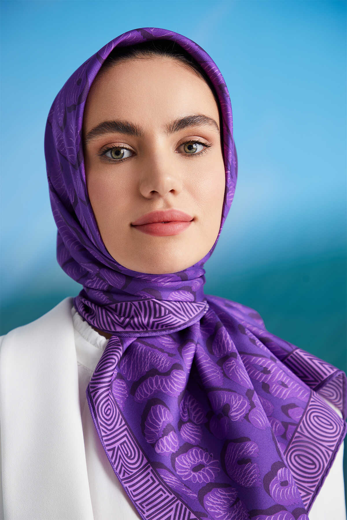 Bordür Leopar Mor Tivil İpek Eşarp 90x90