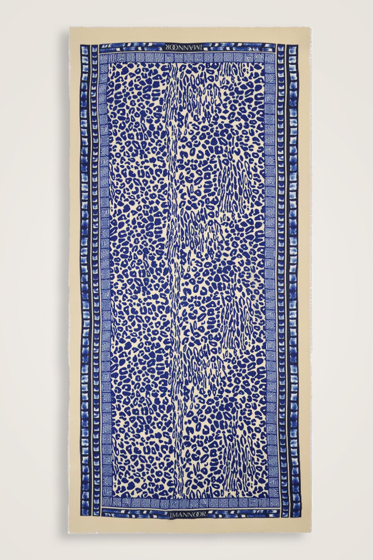 Bordür Leopar Saks Mavi Yün İpek Şal 100x200