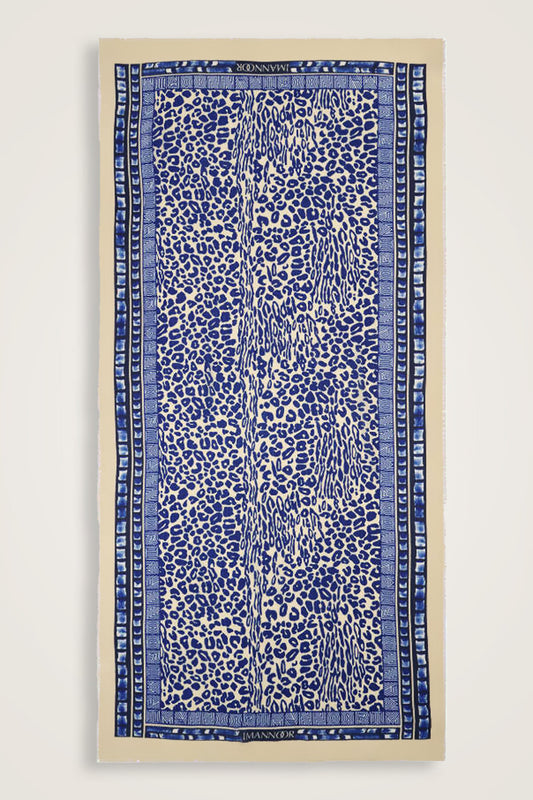 Bordür Leopar Saks Mavi Yün İpek Şal 100x200