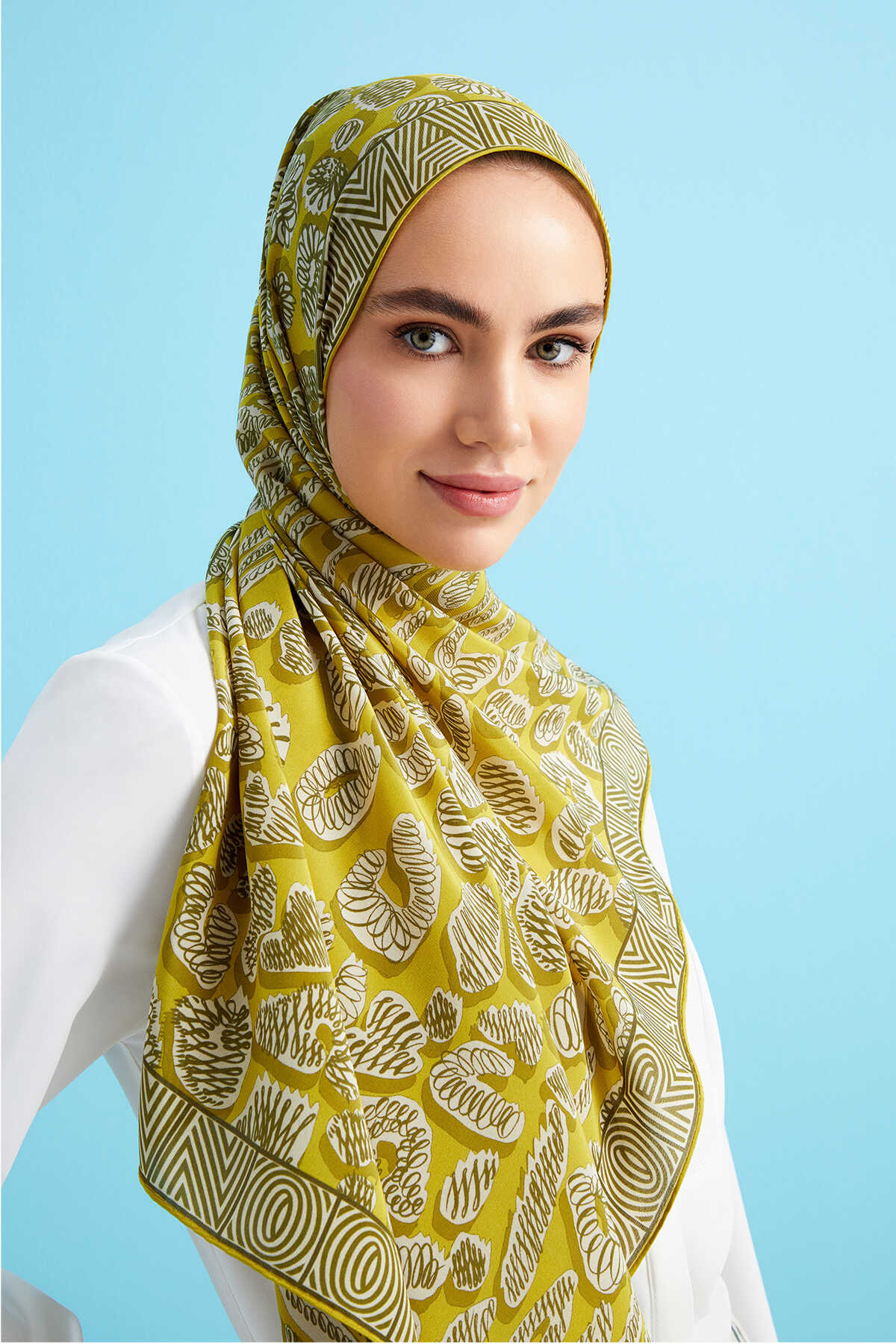 Bordür Leopar Sarı Krep İpek Şal 80x210