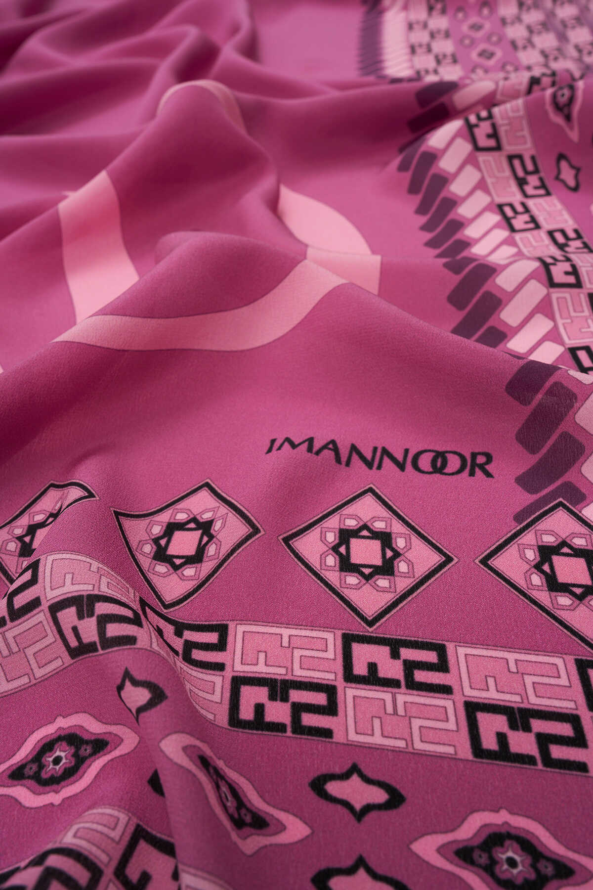 Bordür Noor Pembe Krep İpek Kaftan Şalı 70x210
