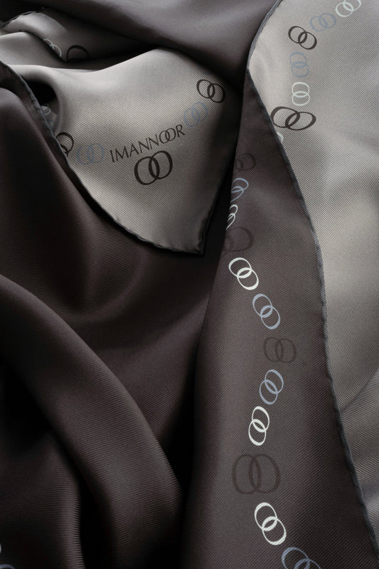 Bordür Noor Siyah-Gri Çift Taraflı Twill İpek Eşarp 94x94