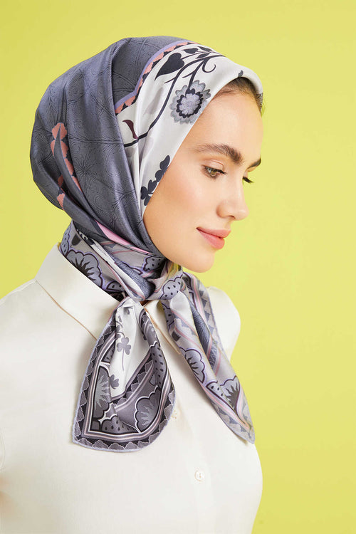 Çadır Çiçeği Beyaz-Gri Çift Taraflı Tivil İpek Eşarp 90x90