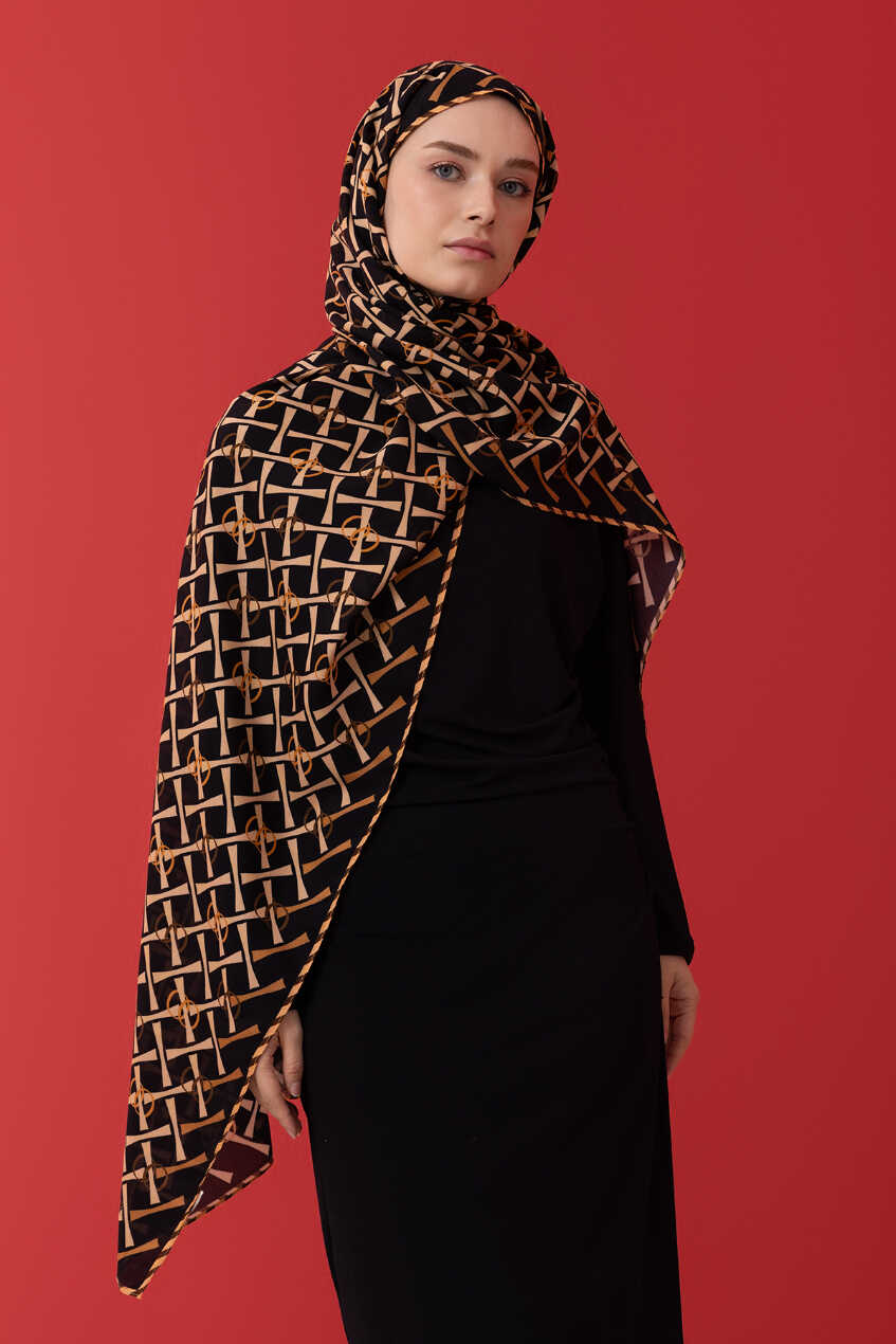 Cansu Siyah/Altın Floş Viskon Şal 70x210