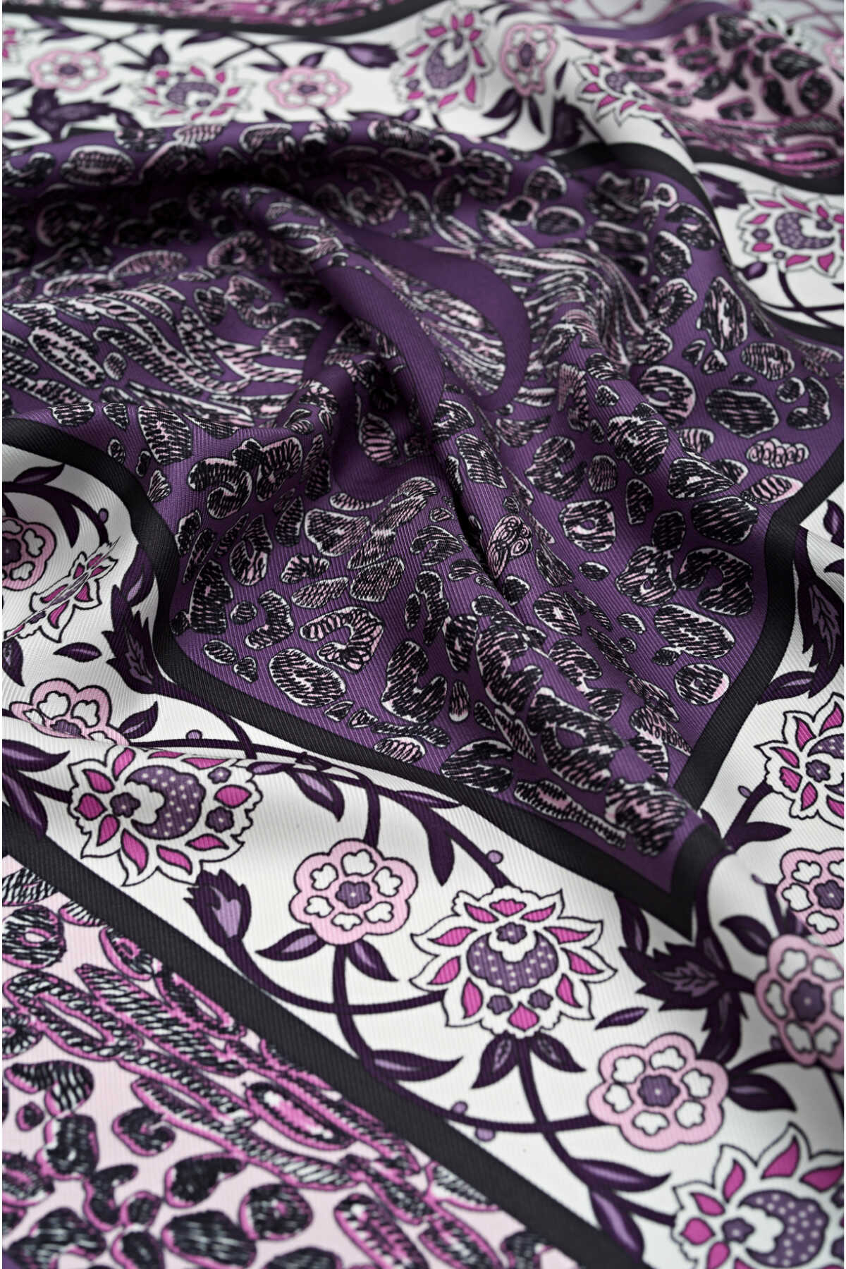 Çift Leopar Mor Tivil İpek Eşarp 90x90