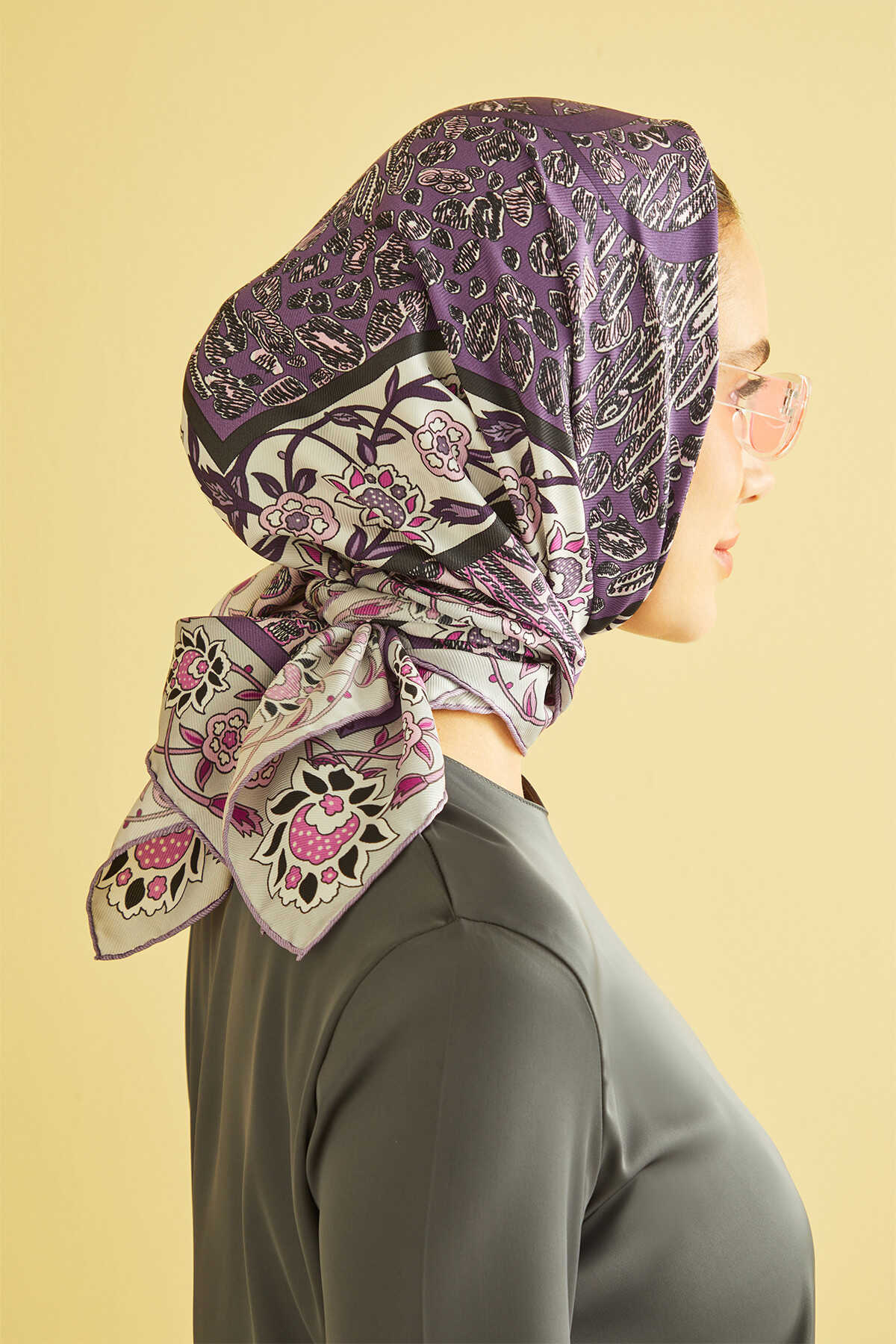 Çift Leopar Mor Tivil İpek Eşarp 90x90