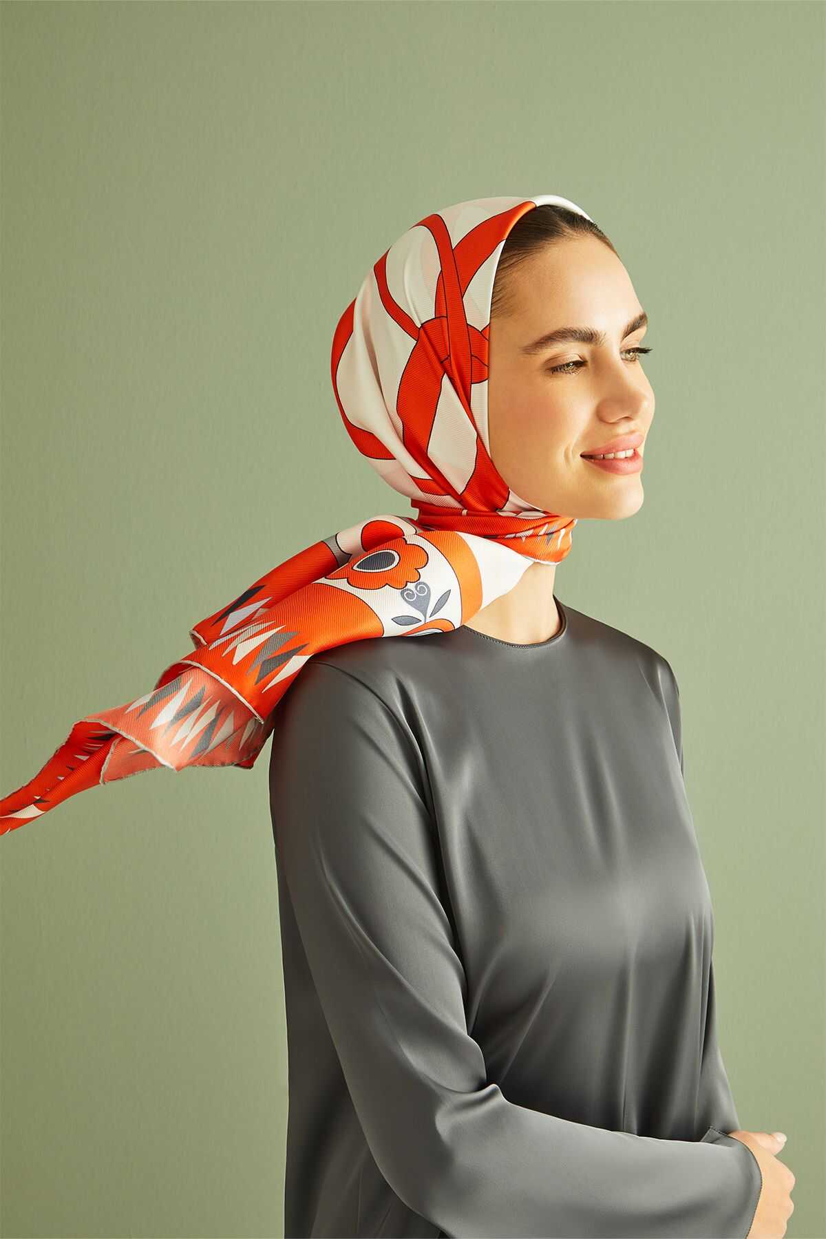 Çift Noor Turuncu Tivil İpek Eşarp 90x90