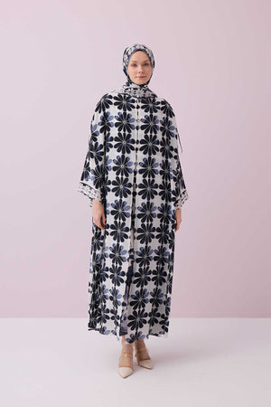 Çift Saksı Beyaz Krep İpek Abaya
