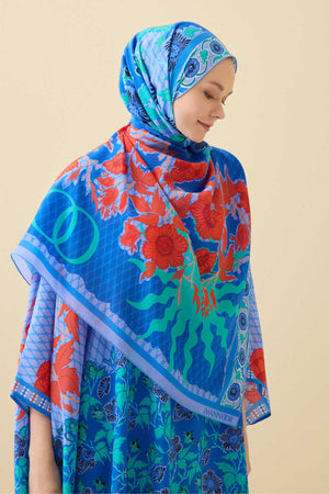 Çit Mavi Krep İpek Kaftan Şal 80x210