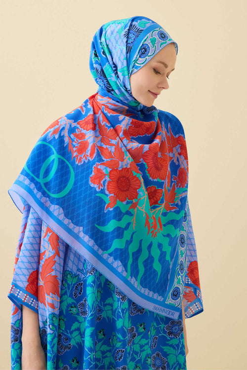 Çit Mavi Krep İpek Kaftan Şal 80x210