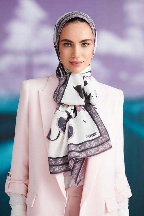 Çöl Sarmaşığı Beyaz Krep İpek Şal 80x200