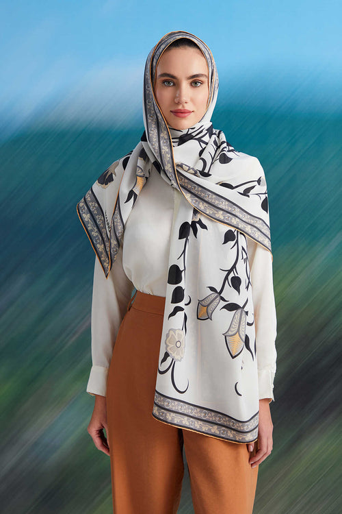Çöl Sarmaşığı Krem Krep İpek Şal 80x200