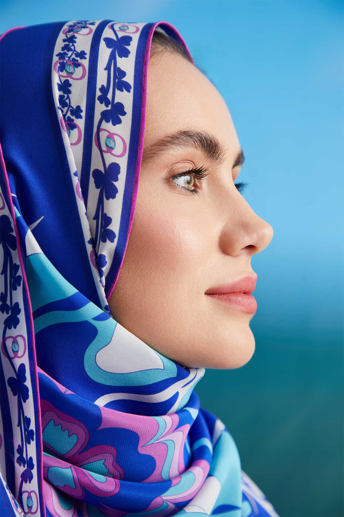 Çöl Sarmaşığı Mavi Krep İpek Şal 80x200