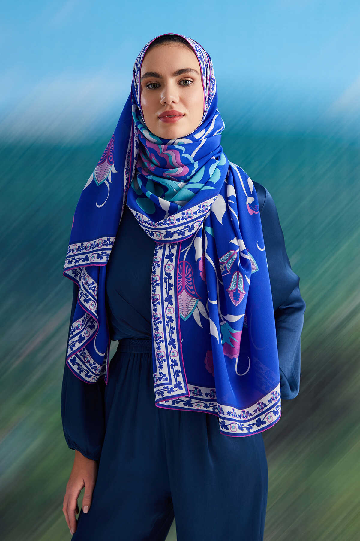 Çöl Sarmaşığı Mavi Krep İpek Şal 80x200