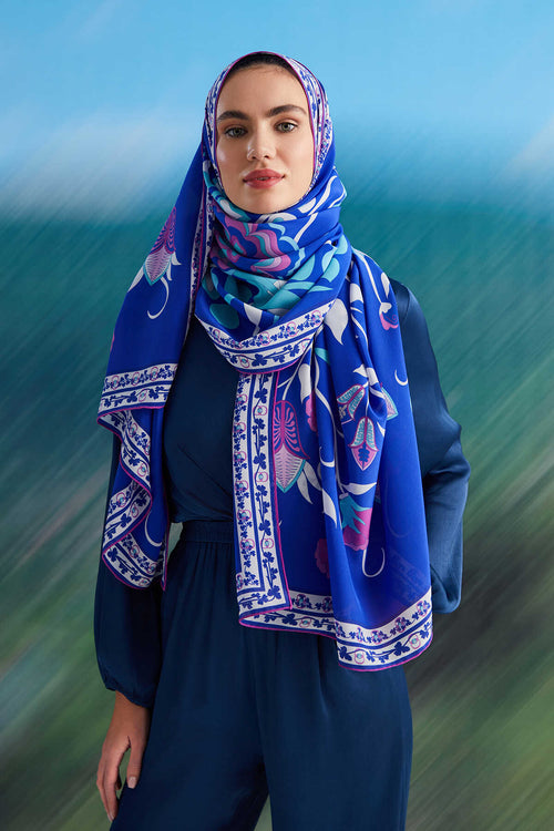Çöl Sarmaşığı Mavi Krep İpek Şal 80x200